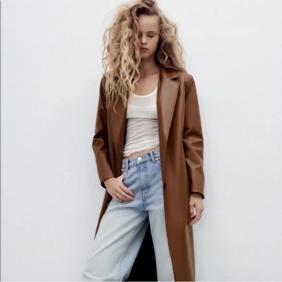 Zara Faux Leather Long Duster Blazer Top Coat Trench Jacket Cognac Brown Medium - Picture 3 of 13